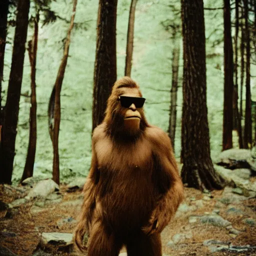 Prompt: a 35mm photo of bigfoot,wearing sunglasses, forest, 50mm lens