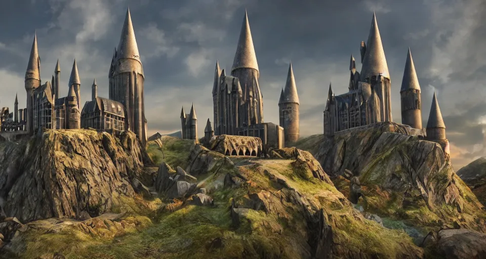 Prompt: a landscape view of a futuristic version of the school of witchcraft and wizardry Hogwarts, 4K