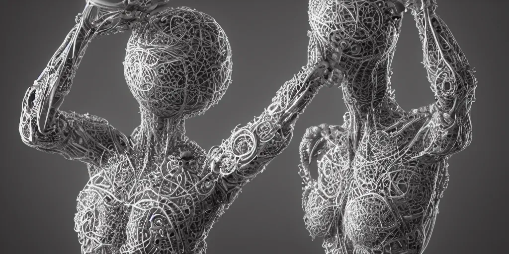 Image similar to hyper realistic photography of a beautiful cyborg androgynous humanoid, holding close, holding sphere, affectionately, intricate filigree, in the style of beth cavener, jin kagetsu, wlop, highly detailed, symmetry, masterpiece, concept art, ringflash, highkey lighting, ambient lighting, octane render, 8 k, artstation