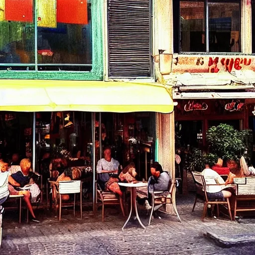 Image similar to “ sunlit café in Tel Aviv, busy, daytime, happy, in the style of Monet”