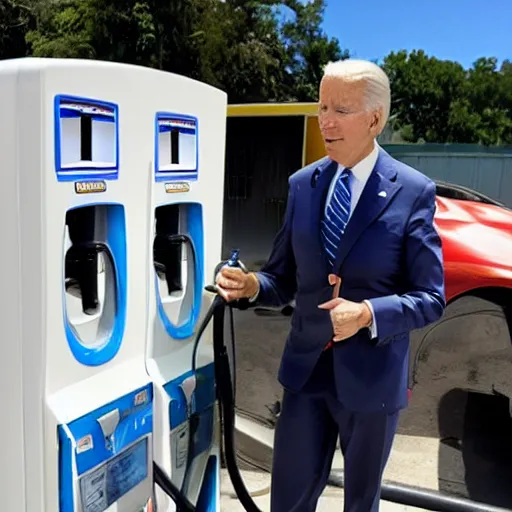 Prompt: Joe Biden sipping gasoline from the gas station gas pump