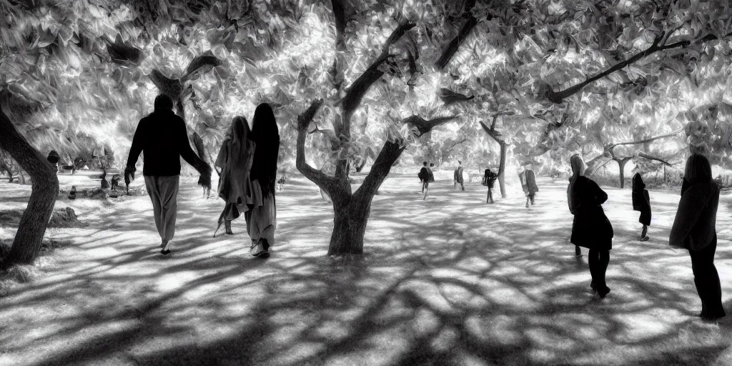 Image similar to love, groups of people in infrared, from behind, rebirth, wide angle, cinematic atmosphere, elaborate, highly detailed, dramatic lighting