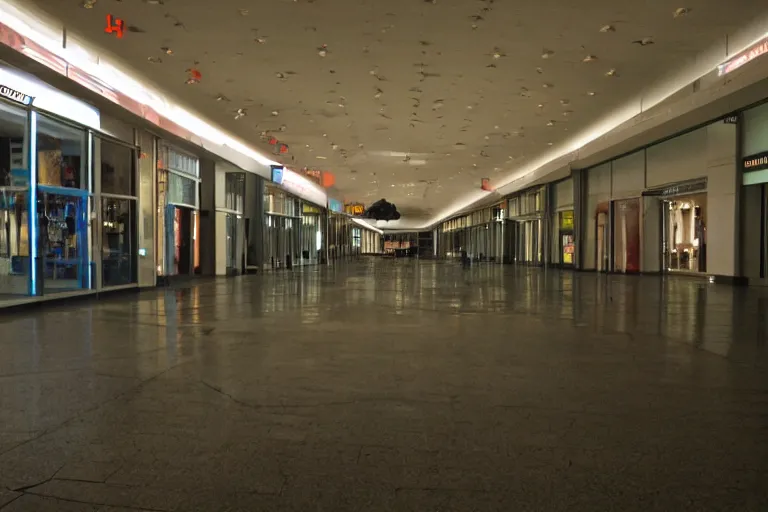 Image similar to closed liminal mall, 4k, mid night, scary, very dark, 2000s photo