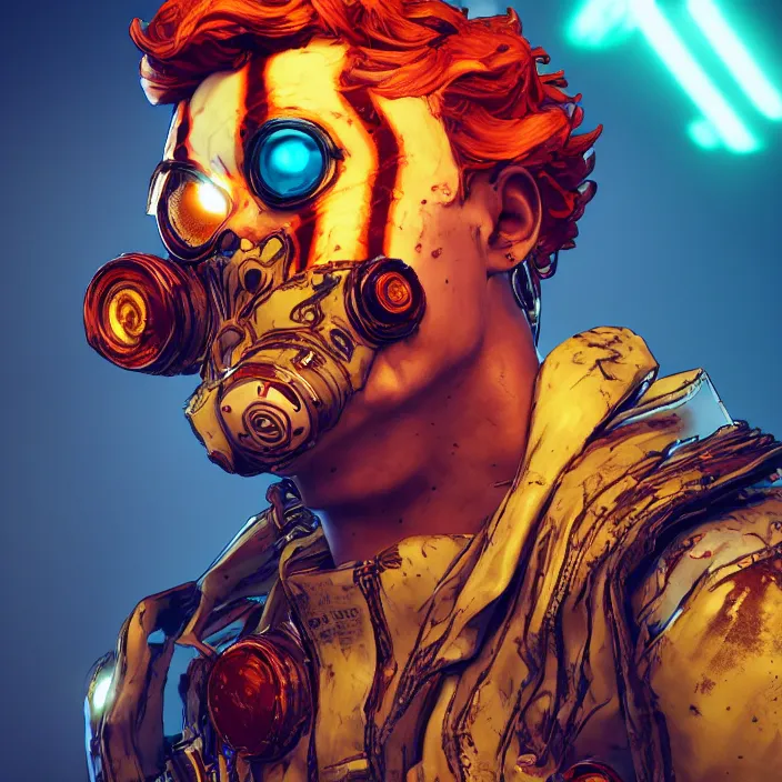 Image similar to glowwave portrait of curly orange hair man from borderlands 3, au naturel, hyper detailed, digital art, trending in artstation, cinematic lighting, studio quality, smooth render, unreal engine 5 rendered, octane rendered, art style by klimt and nixeu and ian sprigger and wlop and krenz cushart.