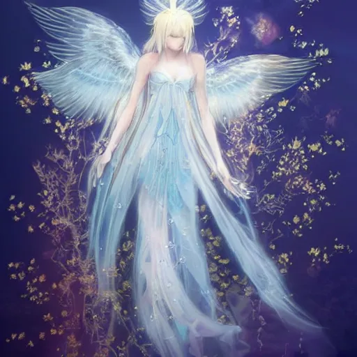 Image similar to anthropomorphic angel with betta fish dress, white and gold color palette, by Yoshitaka Amano, ethereal, dreamy, god rays