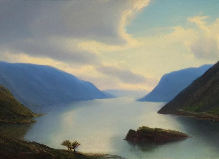 Image similar to norwegian fjords in the style of hudson river school of art, oil on canvas