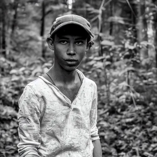 Image similar to Portrait of an young man gathering mushrooms with a haunted expression and a gaunt face. Deep shadows and highlights. f/2.8 ISO 1600. Shutter speed 1/60 sec. Lightroom.