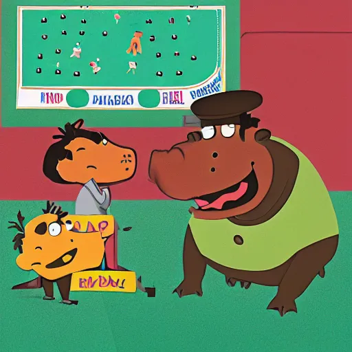 Prompt: illustration from hippos play baseball, a children's board book by sandra boynton