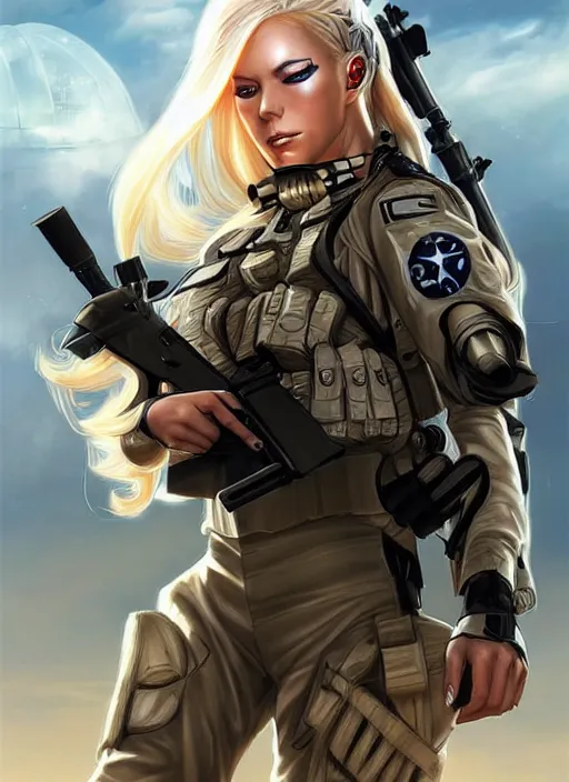 Prompt: a sexy alluring blonde american sniper girl in war, with futuristic gear and helmet, portrait by nina masic and ross tran and miho hirano, detailed, epic video game art, warm color tone