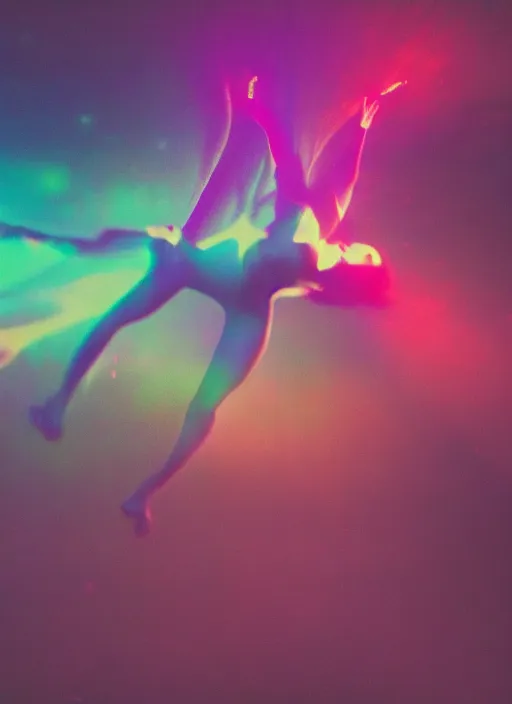 Image similar to female ascending into the sky, glowing aura, motion blur, out of focus, film grain, cinematic lighting, experimental film, shot on 1 6 mm