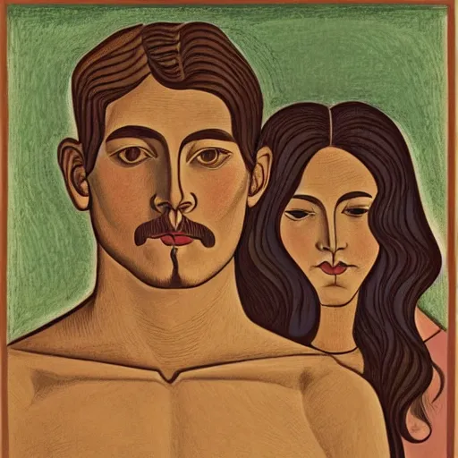 Image similar to perfectly centered symmetrical split male and female portrait of man and woman in love sharing one heart. illustration, highly detailed, simple, no jagged lines, smooth, artstation, artwork by william zorach