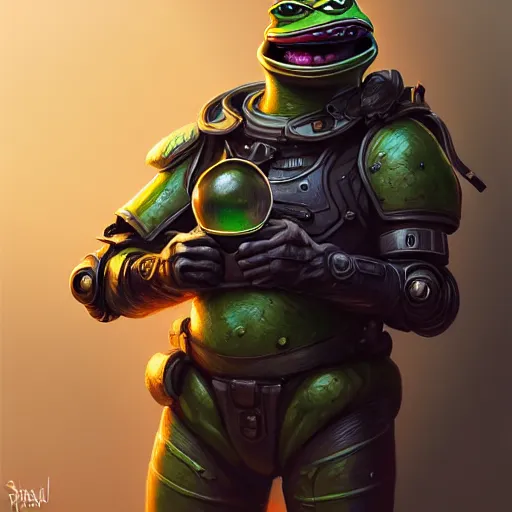 Prompt: Glad pepe with a spoon wearing futuristic power armor, fantasy, intricate, highly detailed, digital painting, trending on artstation, sharp focus, illustration, style of Stanley Artgerm and Greg Rutkowski and Dan Mumford