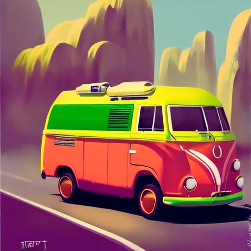 Image similar to retro painting illustration of a volswagen van, 2 d, pastel color, green, yellow, red, retro style art, trendy on artstation, by rhads