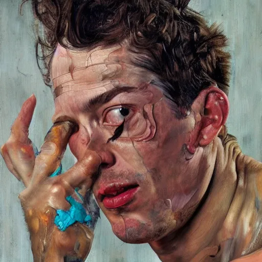 Prompt: high quality high detail painting by lucian freud and jenny saville, hd, fightclub, turquoise