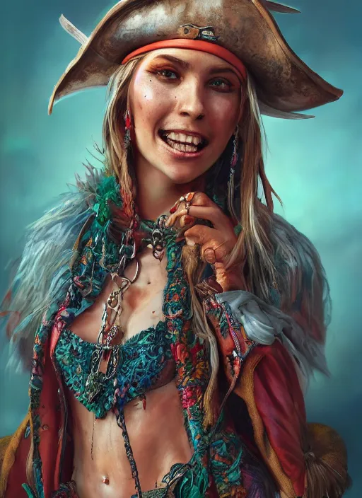 Image similar to realistic full body concept art illustration oil painting of a beautiful woman pirate in insanely detailed and intricately colored clothing, octane render, sss, postprocessing, 4k, cinematic lighting