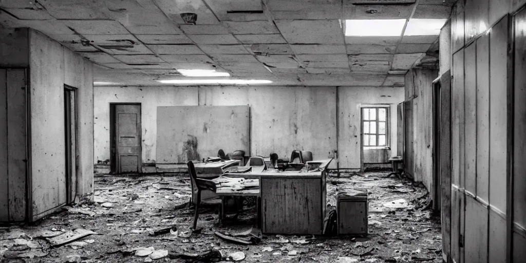 Image similar to grimy grungy abandoned soviet era kgb office, 3 5 mm photography, shallow depth of field, desaturated, high detail, low key