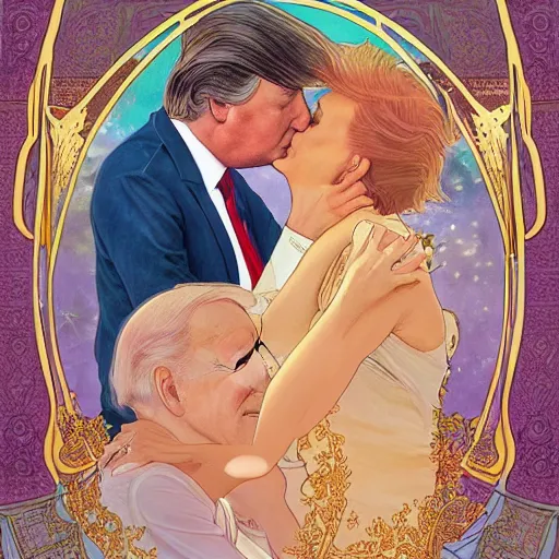 Image similar to donald trump gay kissing joe biden | highly detailed | very intricate | art nouveau | gold filigree | romantic storybook fantasy | soft cinematic lighting | award - winning | disney watercolor illustration by mandy jurgens and alphonse mucha and alena aenami | pastel color palette | featured on artstation