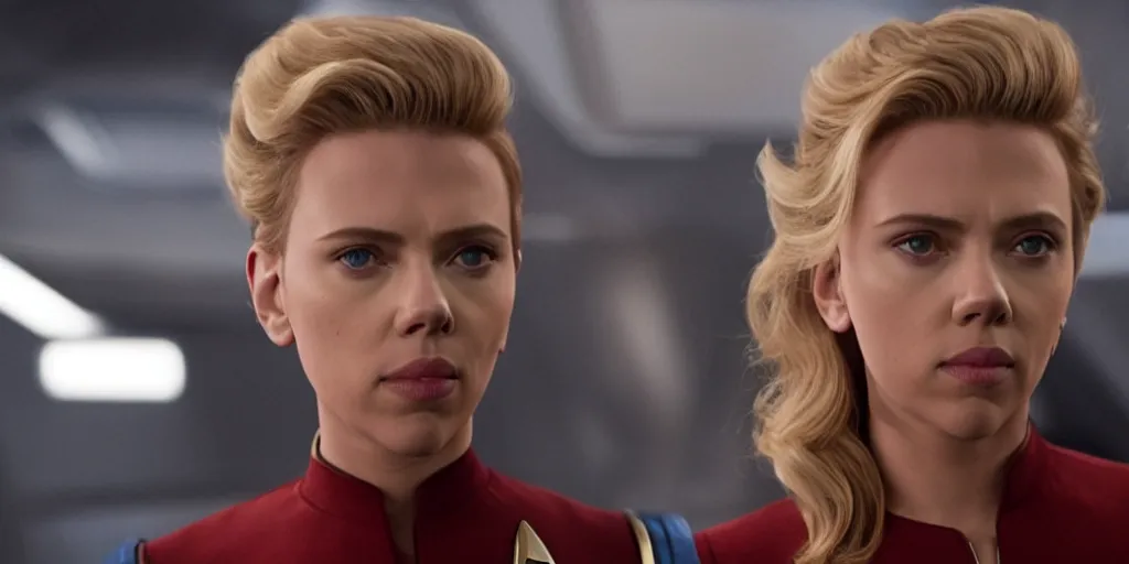 Prompt: incredible wide screenshot, Scarlett Johansson is captain of the Enterprise in the new Star Trek movie