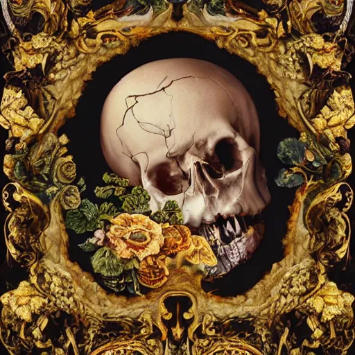 Image similar to a beautiful detailed front view baroque portrait of a rotten woman corpse becoming almost a skull with fractal plants and fractal flowers and mushrooms growing around, intricate, ornate, volumetric light, beautiful lit, polaroid photography