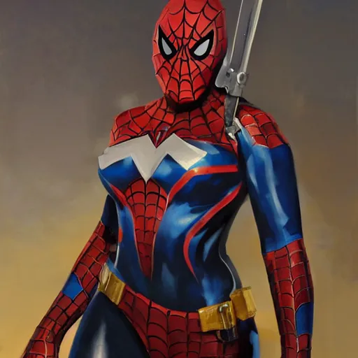 Image similar to greg manchess portrait painting of partially armored female spiderman as overwatch character, medium shot, asymmetrical, profile picture, organic painting, sunny day, matte painting, bold shapes, hard edges, street art, trending on artstation, by huang guangjian, gil elvgren, ruan jia, greg rutkowski, gaston bussiere