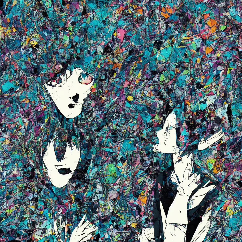 Image similar to girl figure, abstract, jet set radio artwork, ryuta ueda artwork, cryptic, rips, spots, asymmetry, stipple, lines, glitches, color tearing, pitch bending, stripes, dark, ominous, eerie, hearts, minimal, points, otomo katsuhiro artwork, technical, natsumi mukai artwrok, folds