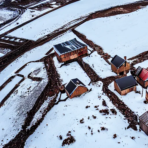 Prompt: abandoned mine and crates full of supplies buried in snow::2 snowy region on coast of Iceland, aerial drone perspective, top down view ::1 sattelite image of snow from 250 meters height, some coal boxes and barrels are covered in snow, old mine remains :: 1 post apocalyptic, snowstorm ::5