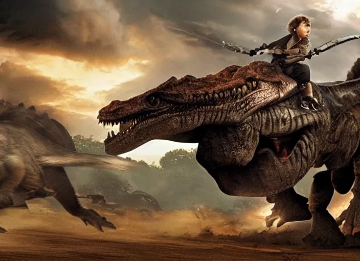 Prompt: Anakin Skywalker riding a Tyrannosaurus Rex into battle