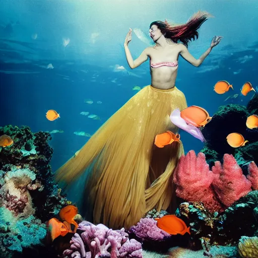 Image similar to medium format photograph of a surreal fashion shoot underwater with tropical fish and coral reefs