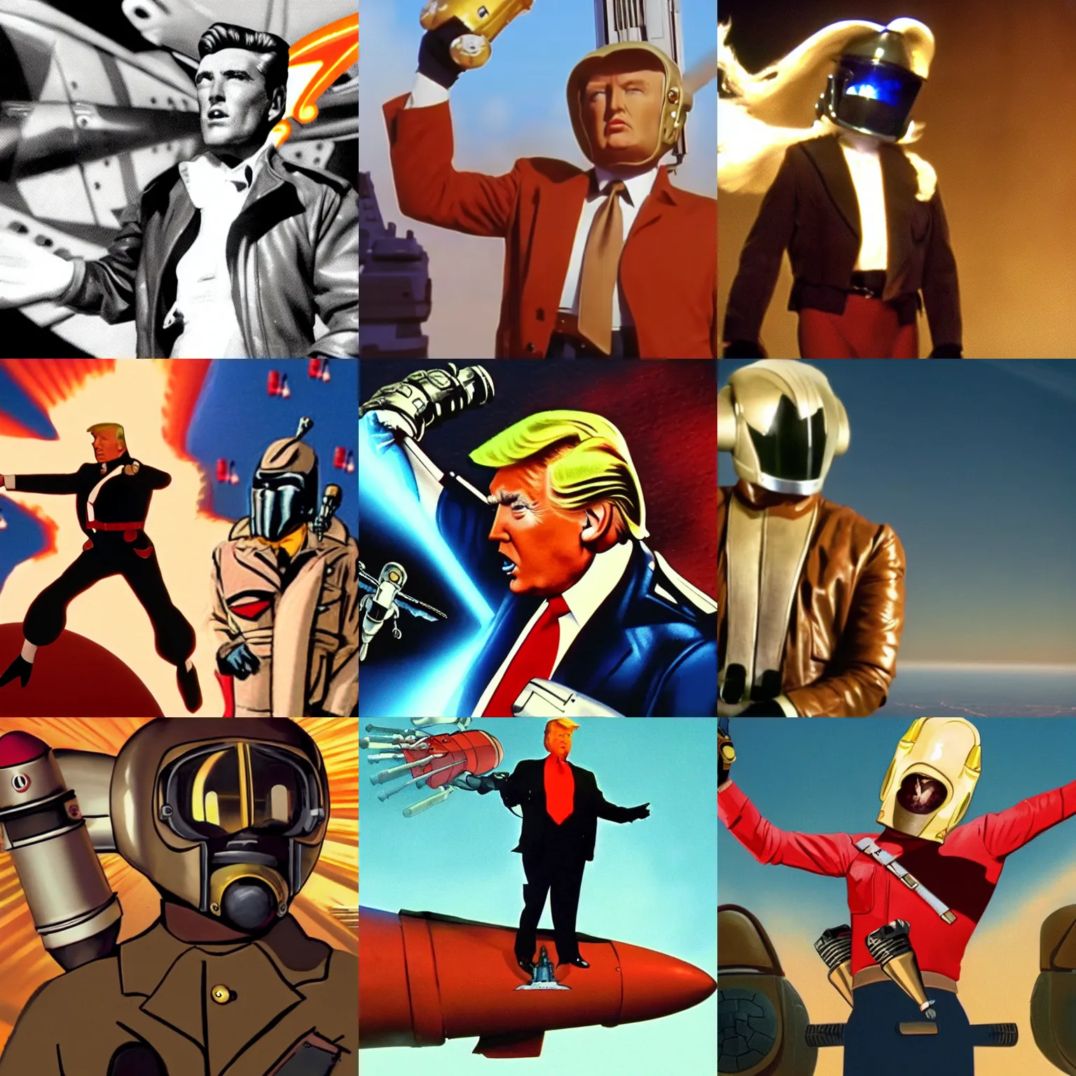 Image similar to screenshot the rocketeer played by portrait donald trump wearing jetpack, 4 k, scene, trump hair