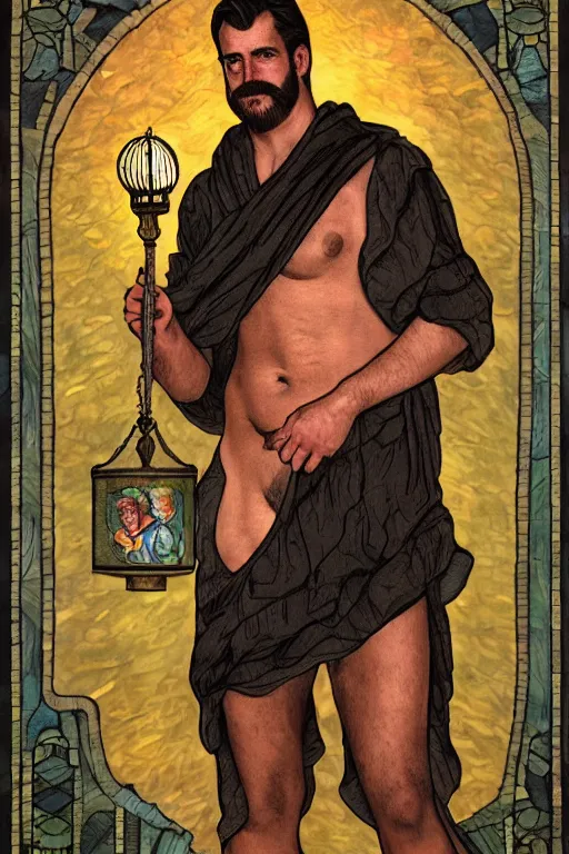 Prompt: tarot card of a shirtless handsome beefy cowboy holding a lantern | mustache, dark tela robe, dad bod, homoerotic, art deco, art nouveau, | by louis comfort tiffany | trending on artstation