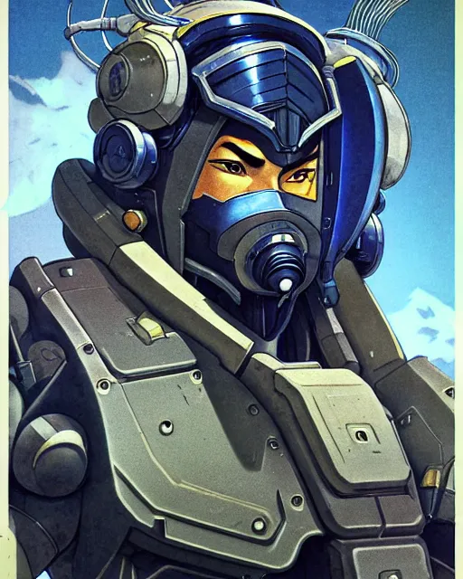 Image similar to hanzo from overwatch, cyber suit, character portrait, portrait, close up, concept art, intricate details, highly detailed, vintage sci - fi poster, retro future, vintage sci - fi art, in the style of chris foss, rodger dean, moebius, michael whelan, and gustave dore