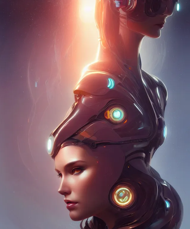 Image similar to futuristic woman android portrait, sci - fi, amber eyes, face, long hair, fantasy, intricate, elegant, highly detailed, digital painting, artstation, concept art, smooth, sharp focus, illustration, art by artgerm and greg rutkowski and alphonse mucha