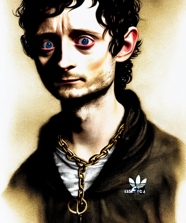 Prompt: a detailed fifty mm portrait of elijah wood as frodo hobbit in a black adidas track suit with white stripes, gold chains, headshot, caricature, highly detailed, digital painting, artstation, concept art, sharp focus, cinematic lighting, illustration, art by met mangindaan, artgerm and greg rutkowski, alphonse mucha, cgsociety - no cameron