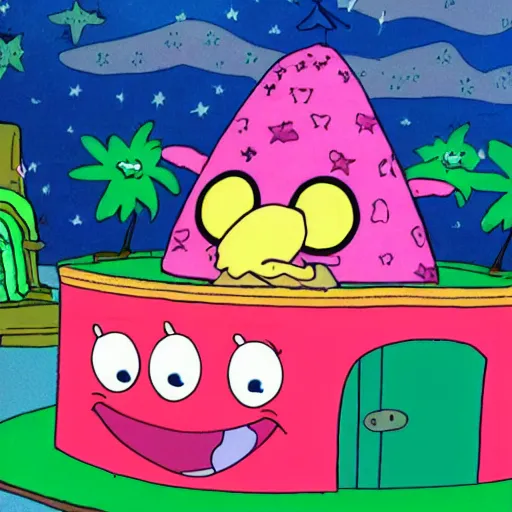 Prompt: patrick star dressed as PatBoy inside magic house