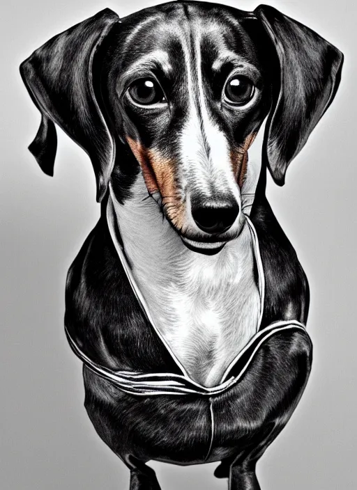 Image similar to dachshund with a raised eyebrow | sophisticated clothing | highly detailed | very intricate | elaborate outfit | symmetrical | cinematic lighting | award - winning | closeup portrait | featured on artstation