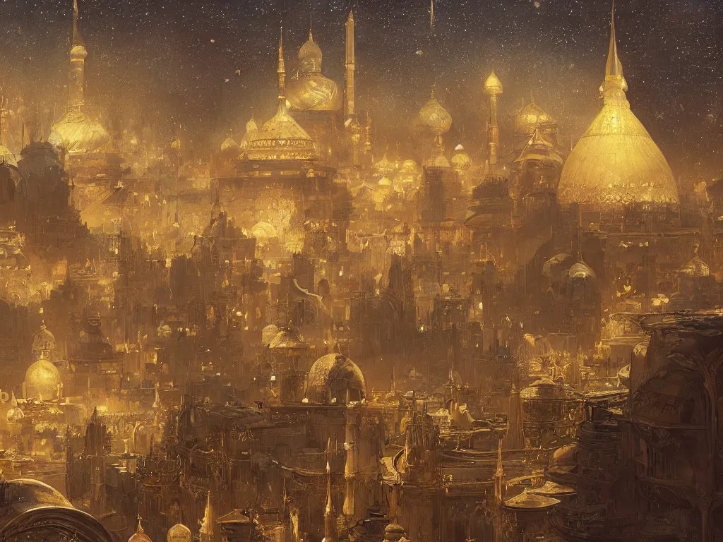 Prompt: a view from the river of a dome - covered city resembling ancient baghdad at night with the sky full of stars, intricate, elegant, highly detailed, digital painting, artstation, concept art, smooth, sharp focus, colored illustration for tattoo, art by krenz cushart and artem demura and alphonse mucha,