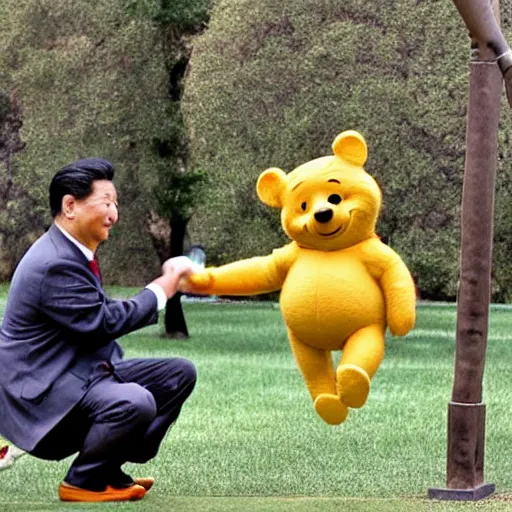 Image similar to winnie the pooh pushing xi jinping on a swing