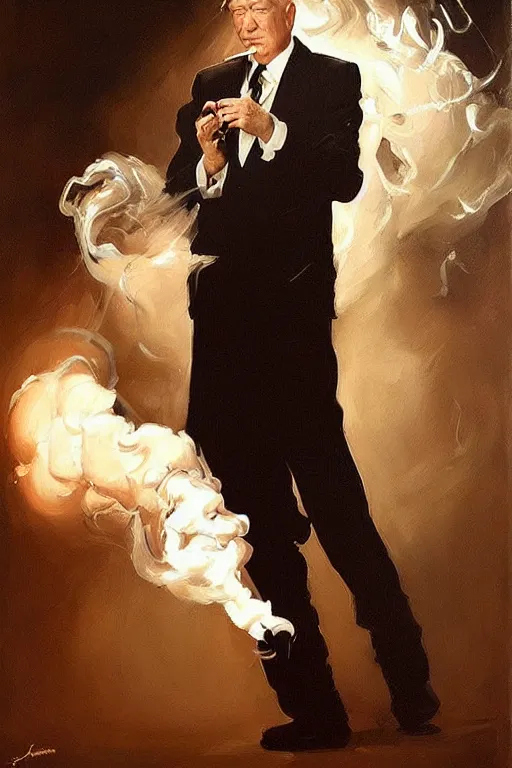 Image similar to david lynch smoking cigarette, billowing smoke, painting by jc leyendecker!! phil hale!, lynchian!!!! ominious, dark lighting, angular, brush strokes, painterly, vintage, crisp