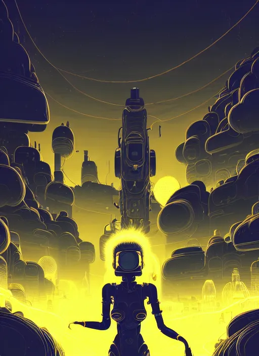 Prompt: highly detailed portrait of wasteland long glowing yellow and white plasma hair tribal lady, stray electric spark wiring by atey ghailan, james gilleard, by joe fenton, by greg rutkowski, by greg tocchini, by kaethe butcher, 4 k resolution, gradient yellow, black and white color scheme!!! ( ( lightning robotic cityscape background ) )