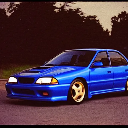 Prompt: retro 90s 97’ film photo harsh flash. Night time dark dimly lit parking lot. 1996 blue Subraru WRX STi front side view. ((Polaroid)) harshflash amateur photo