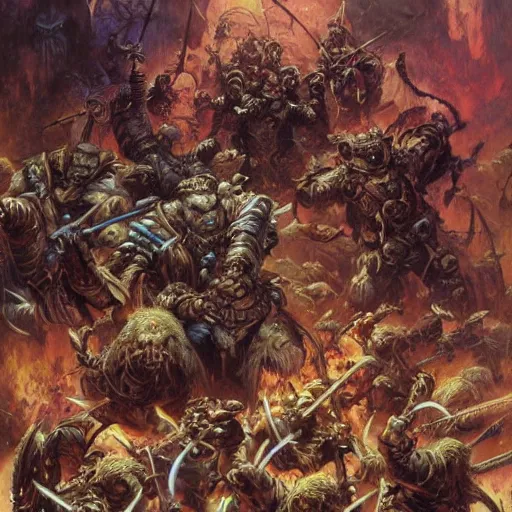 Image similar to art by donato giancola and bayard wu and gustav moreau and wayne barlowe, a fantasy cinematic shot of a dwarf berserker, fighting a horde of rats, warhammer, dnd, fighting monsters,