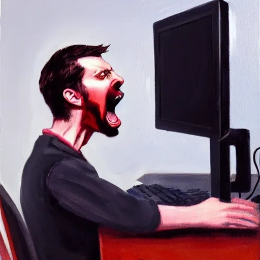 Image similar to an angry man yells at his computer monitor, oil on canvas, highly detailed