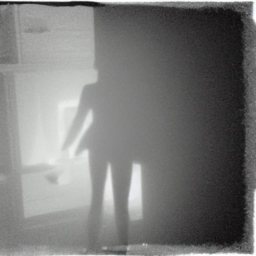 Image similar to A spooky and atmospheric selfie of a woman in a dark room, with a spooky filter applied, with a figure in the background, shrouded in darkness, in a Halloween style.