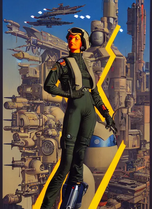 Image similar to american propaganda poster. cyberpunk pilot in military vest and tactical jumpsuit. portrait by jean giraud and anton otto fischer and john philip falter and will eisner and gil elvgren and pixar. realistic proportions. character art. science fiction d & d. overwatch, rb 6 s, cyberpunk 2 0 7 7, blade runner 2 0 4 9.