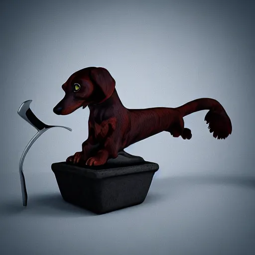 Image similar to Dachshund bonsai, the god of small scissors!!, pitchburn devils!, security rhox, sauroform hybrid, forbidding spirit!!, guardian project, hackrobat!!!, cinematic, hyper realistic, detailed, 8k, octane render.