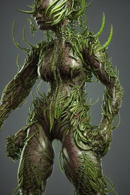 Image similar to skin concept costume, in full growth, biopunk, plant predator, predator, trypophobia, plants and worms, many details, crystals, guyver style, 3 d, cinematic, hyper realism, high detail, octane render, art by hans giger