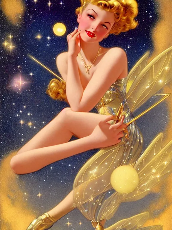 Image similar to Diana argon as tinkerbell glowing, a beautiful art nouveau portrait by Gil elvgren and Hajime Sorayama, moonlit starry sky environment, centered composition, defined features, golden ratio, gold jewlery, sheer silk