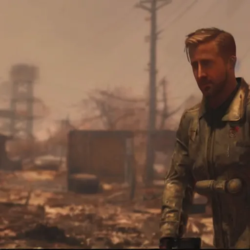 Prompt: ryan gosling in fallout 4 kneels near a nuclear bomb