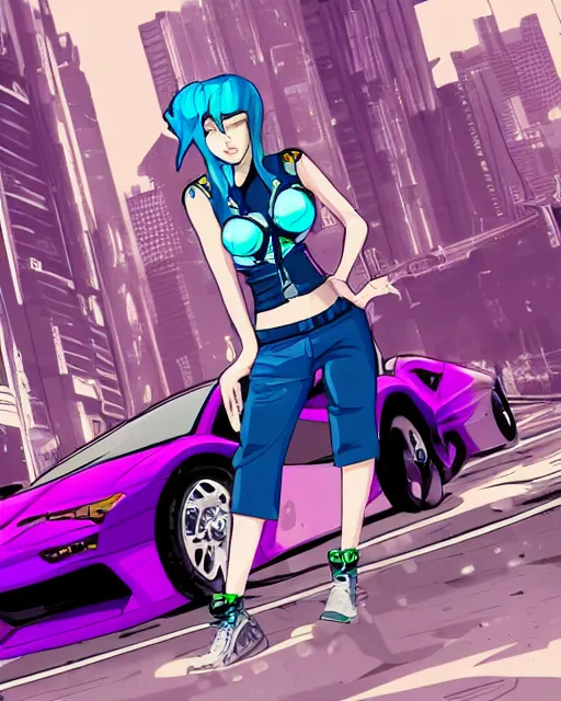 Image similar to cel shaded art of a pretty blue haired girl standing next to a purple lamborghinil, jet grind radio graphics, cyberpunk city street background