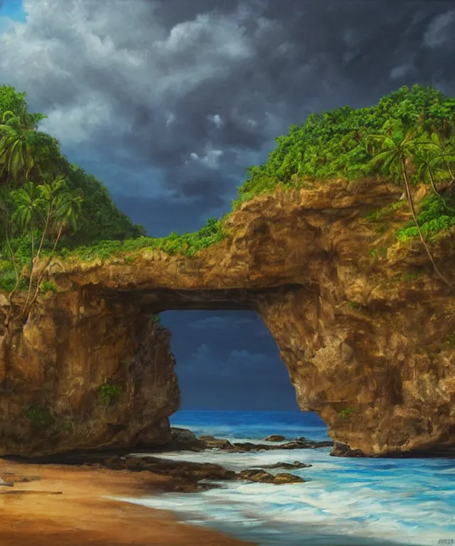 Prompt: photorealistic painting of turtle bay beach jamaica, sharp cliffs, island with cave, dark, atmospheric, brooding, smooth, finely detailed, cinematic, epic, in the style of clyde caldwell